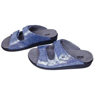 SAS Cozy Slide Sandal Blue Silver Metallic Leather Women's 9.5M Tripad Comfort